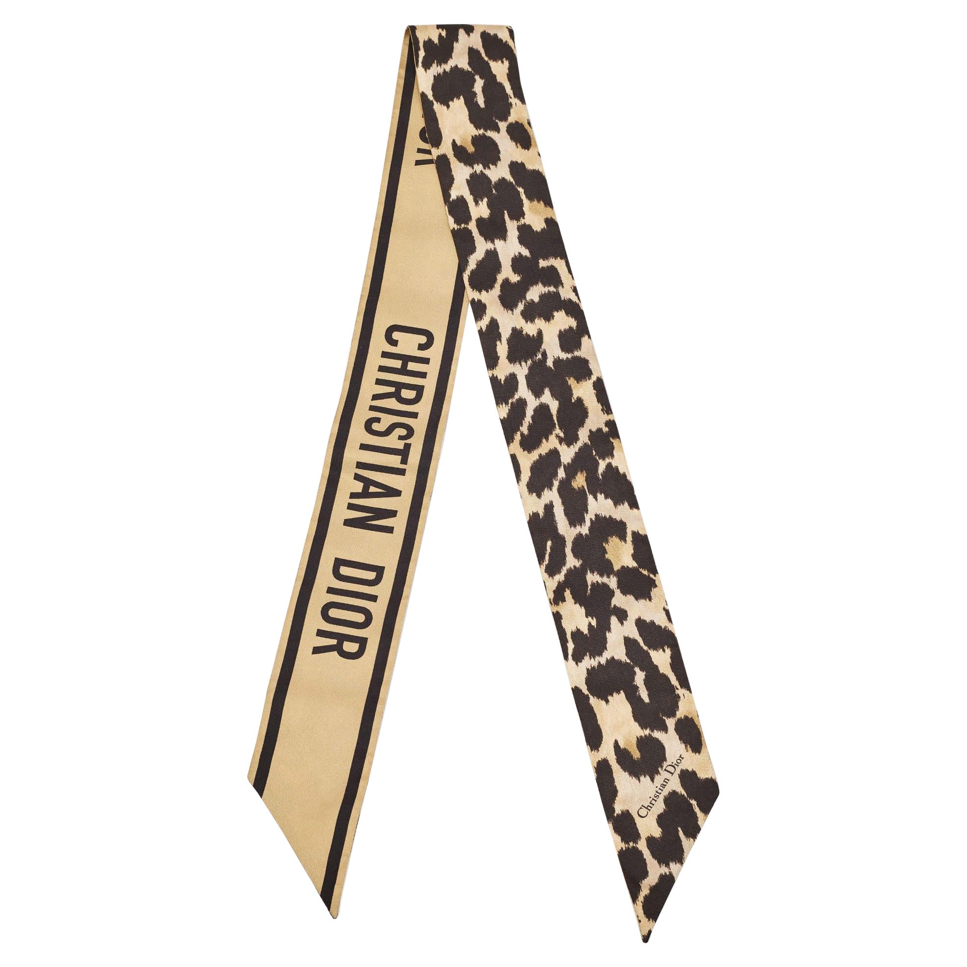 Écharpe Dior Mizza Mitzah en soie imprimée léopard noir/doré en vente
