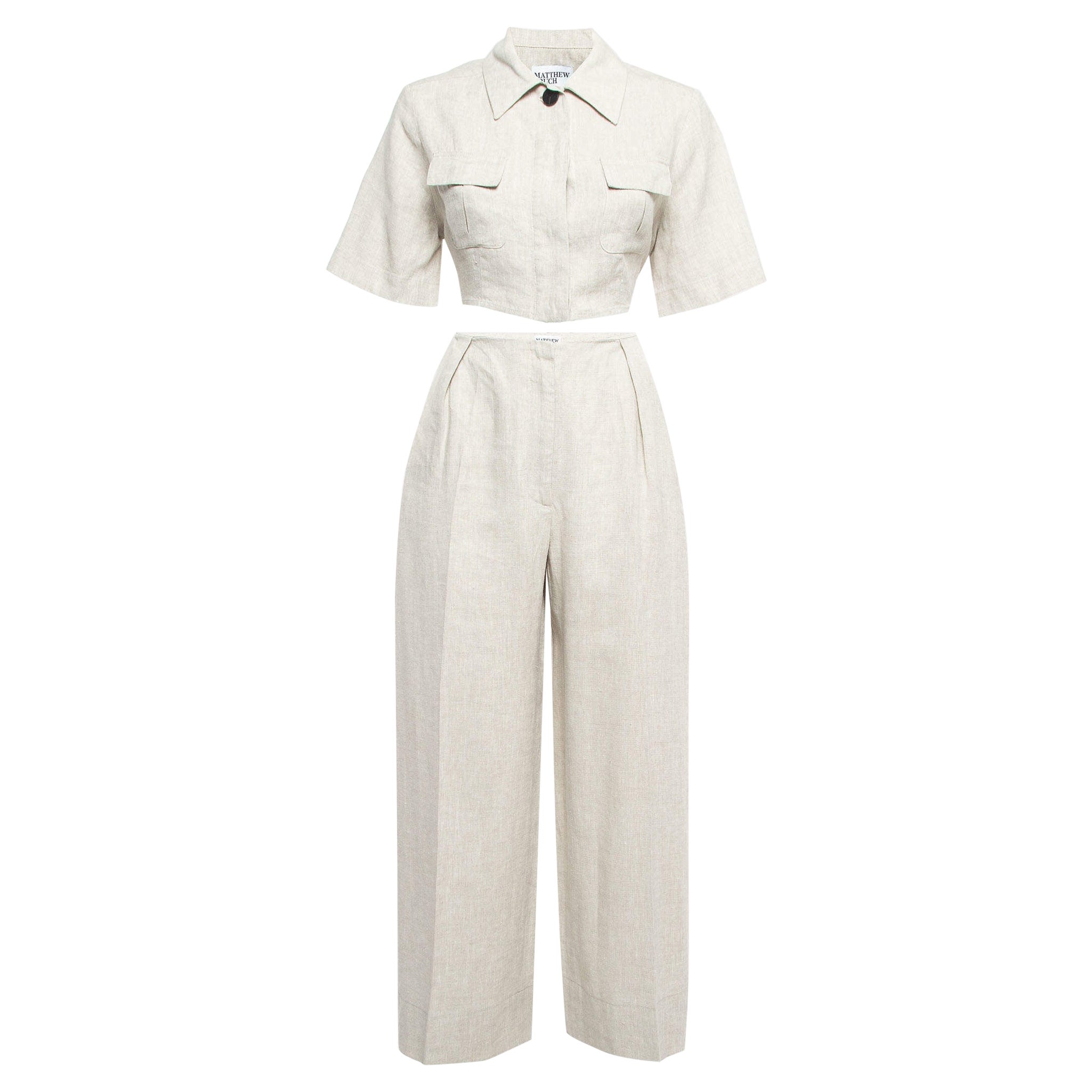 Matthew Bruch Light Grey Linen Top & Pants Set S For Sale