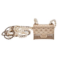 Retro Chanel Gold Micro Flap Bag Pendant Pearls Long Crossbody Necklace
