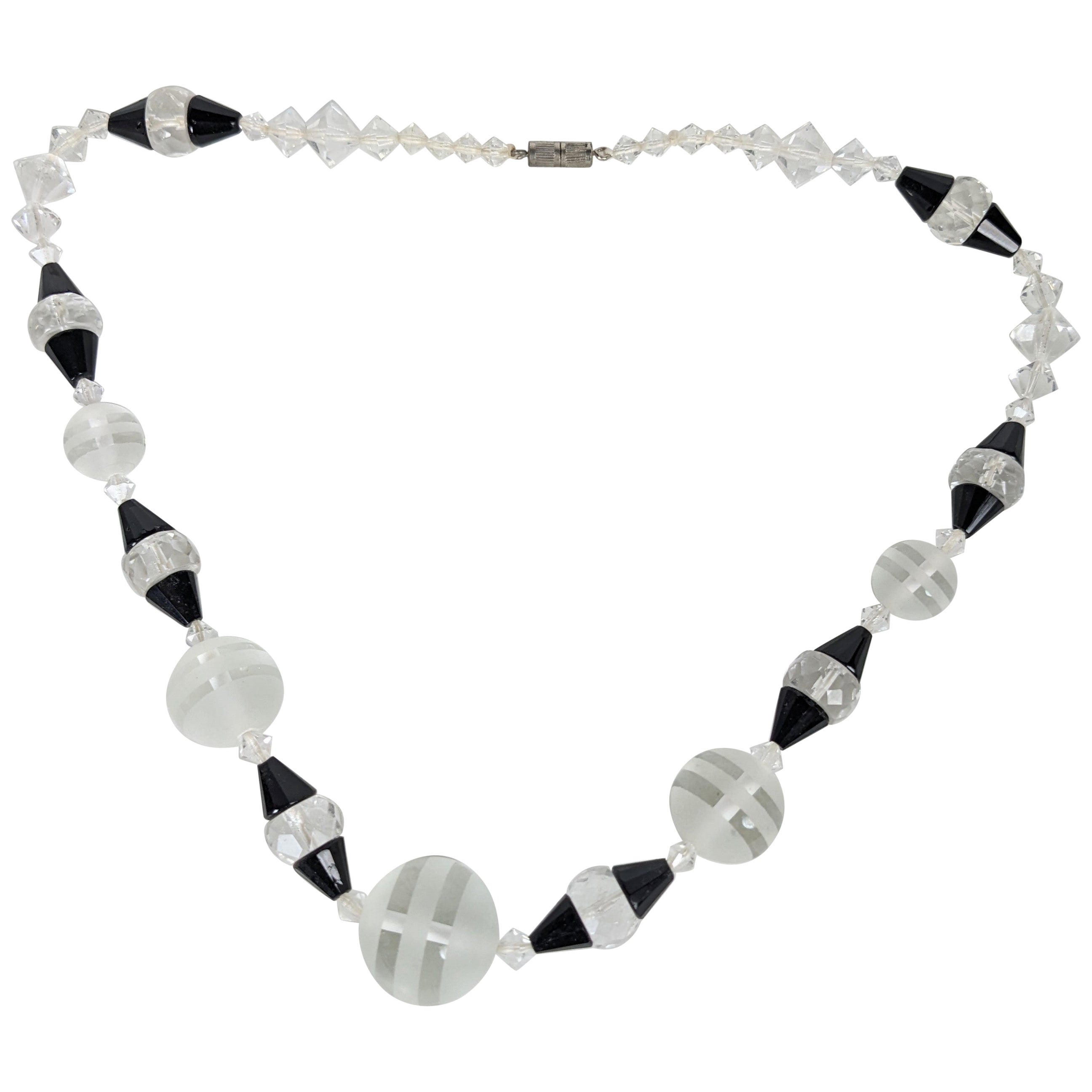 Art Deco Frosted Crystal and Jet Bead Necklace For Sale