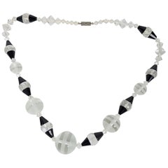 Art Deco Frosted Crystal and Jet Bead Necklace