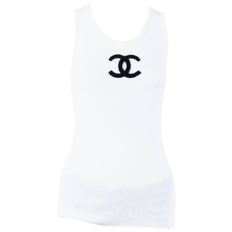 Vintage Chanel Boutique White Cotton Ribbed Knit CC Logo SL Tank Top SZ  40 For Sale at 1stDibs