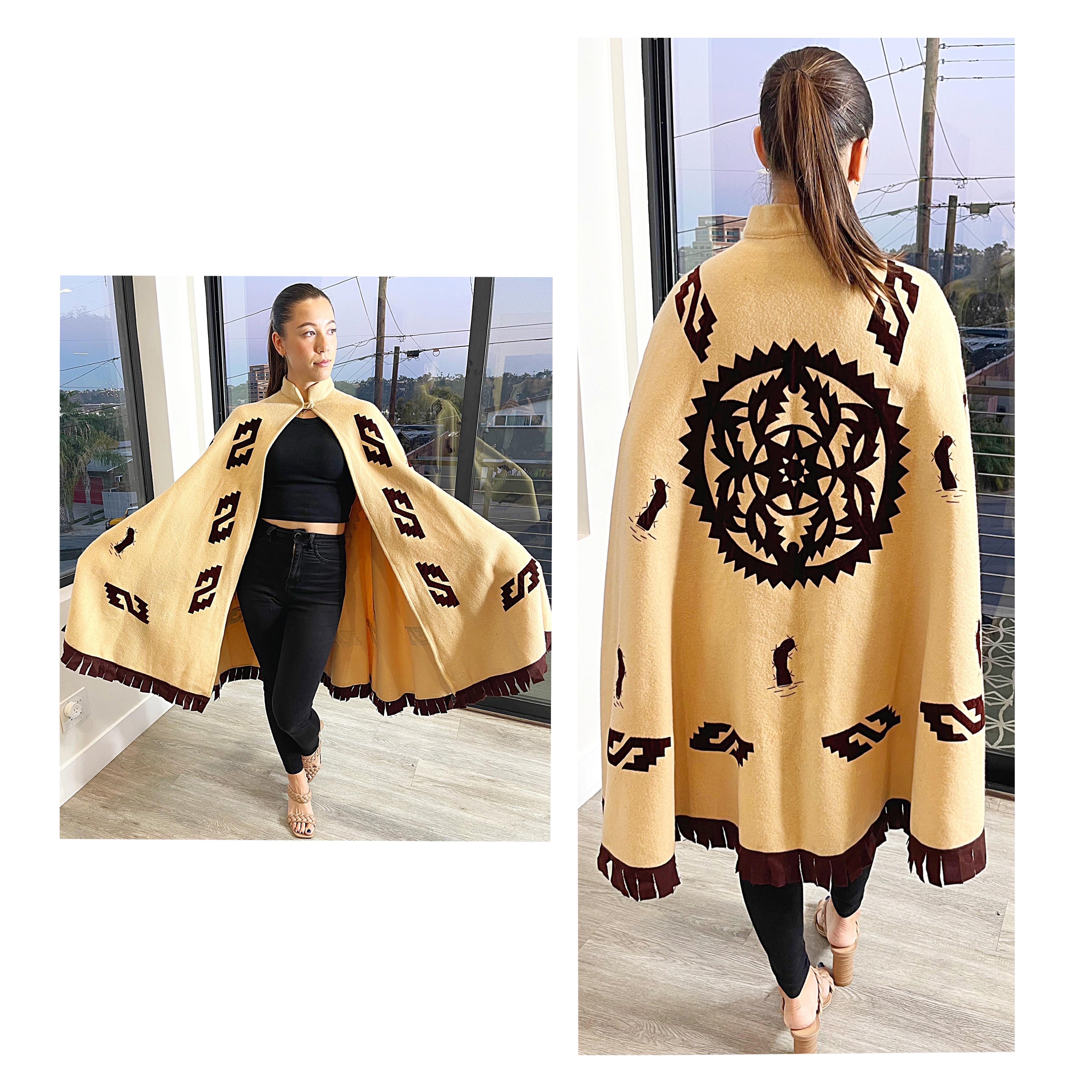 Amazing 1970s Plumita Mexican Cactus Themed Wool Velvet Tan Brown 70s Cape  For Sale