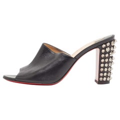 Christian Louboutin Schwarze Leder Spikes Block Heel Slide Sandalen Größe 37,5