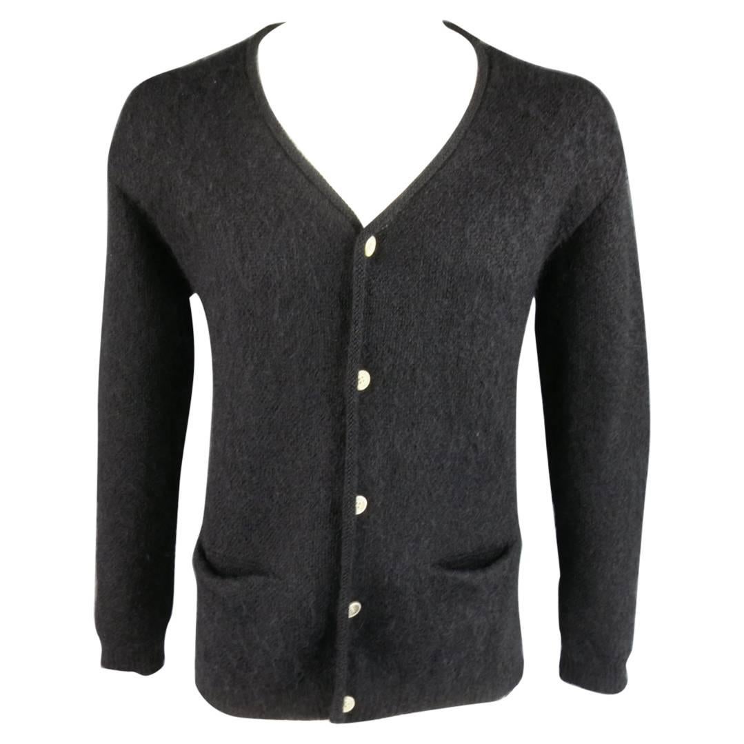 SASQUATCHfabrix Size L Black Fuzzy Mohair Blend Curled Trim Slit V Neck Cardigan