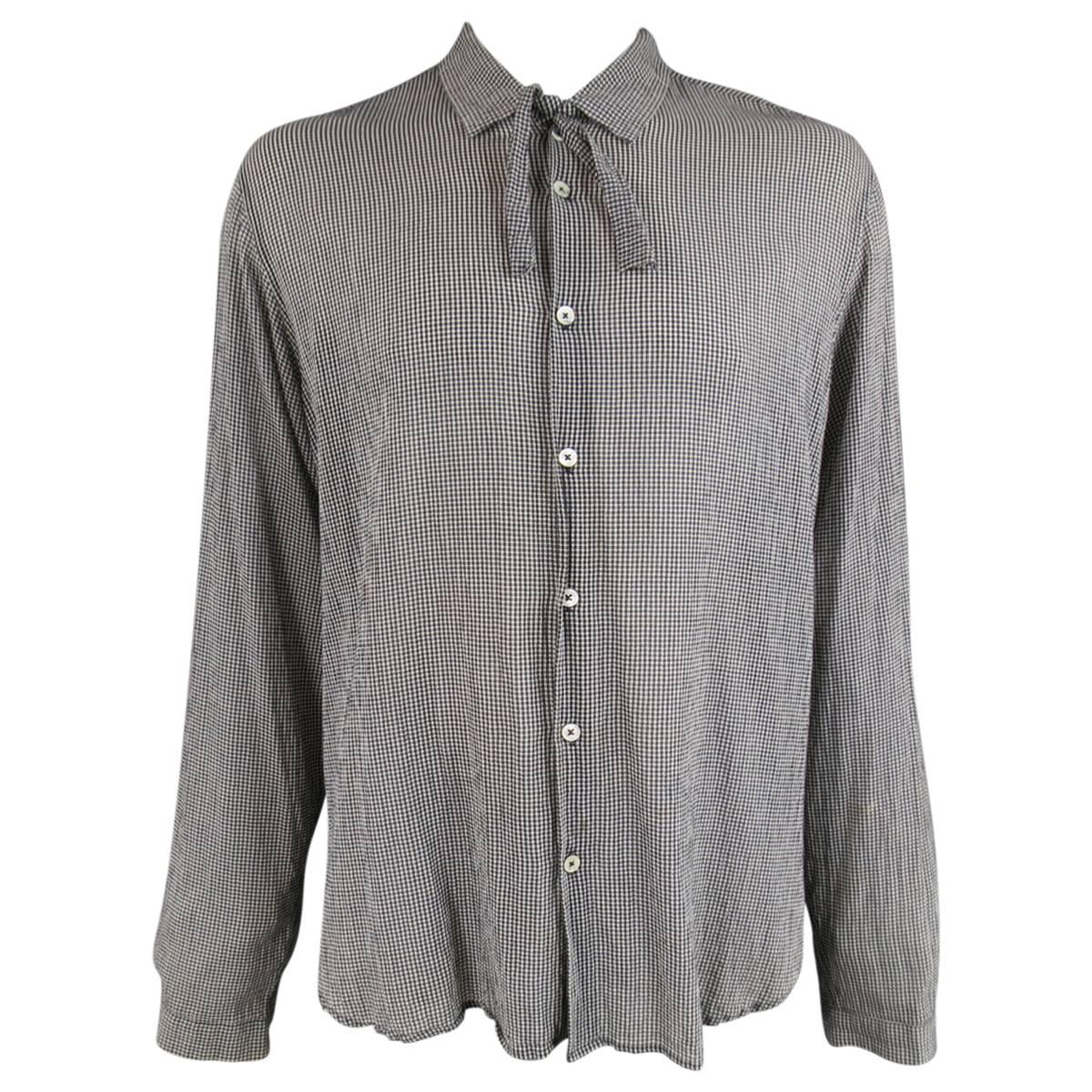 ANN DEMEULEMEESTER M Black & White Plaid Cotton / Silk Long Sleeve Tie Shirt
