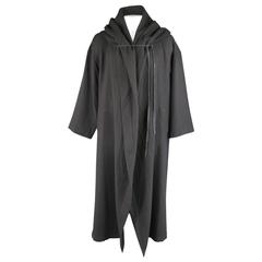 ANN DEMEULEMEESTER 42 Black Wool Long Draped Hooded Long Tie Closure Cloak Coat