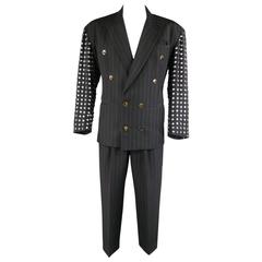 JEAN PAUL GAULTIER 38 Navy Chalkstripe Double Breasted Peal Snap Sleeve Suit