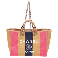 Chanel - Fourre-tout en raphia rayé multicolore - Grand sac Deauville