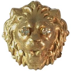1950s Miriam Haskell Goldtone Lion Ring with Rhinestone Eyes