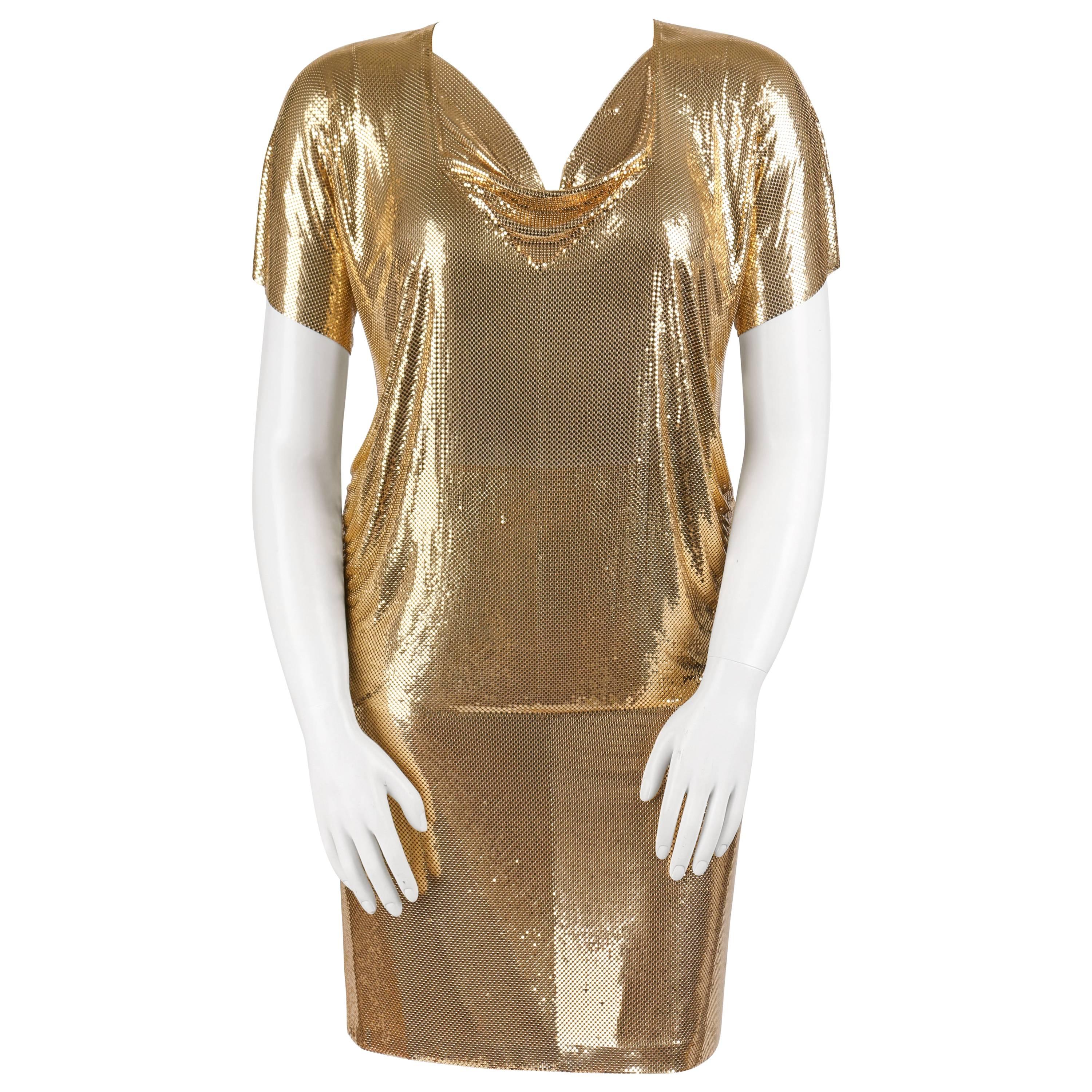 WHITING AND DAVIS c.1970's Gold Metal Mesh Cowl Neck Top Skirt Dress Set Size L