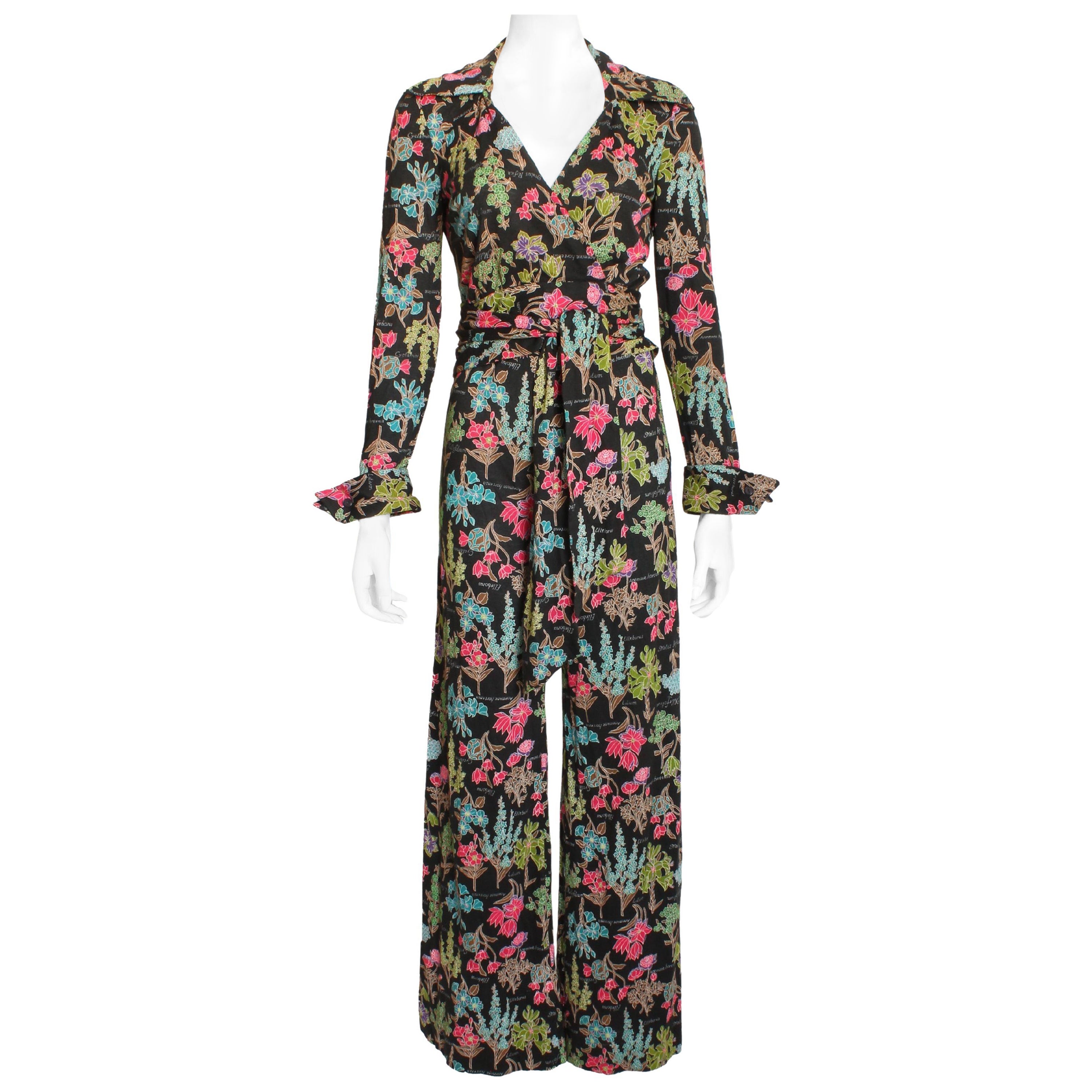 70s Diane Von Furstenberg Wrap Blouse and Pants Set Floral Jersey Rare Sz 12 For Sale