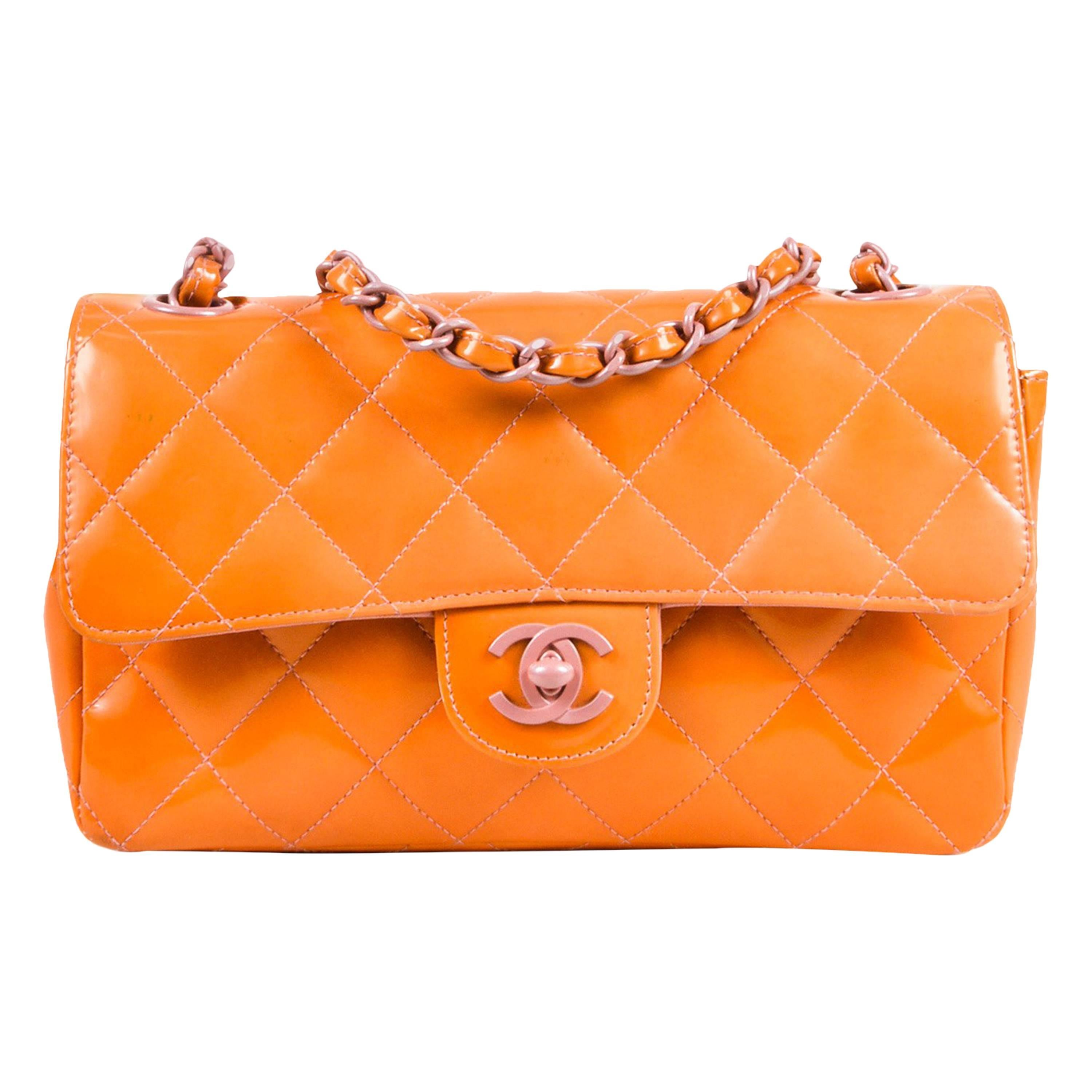 Chanel Orange & Purple Patent Leather Chain Strap Iconic 'CC' Flap Bag For Sale