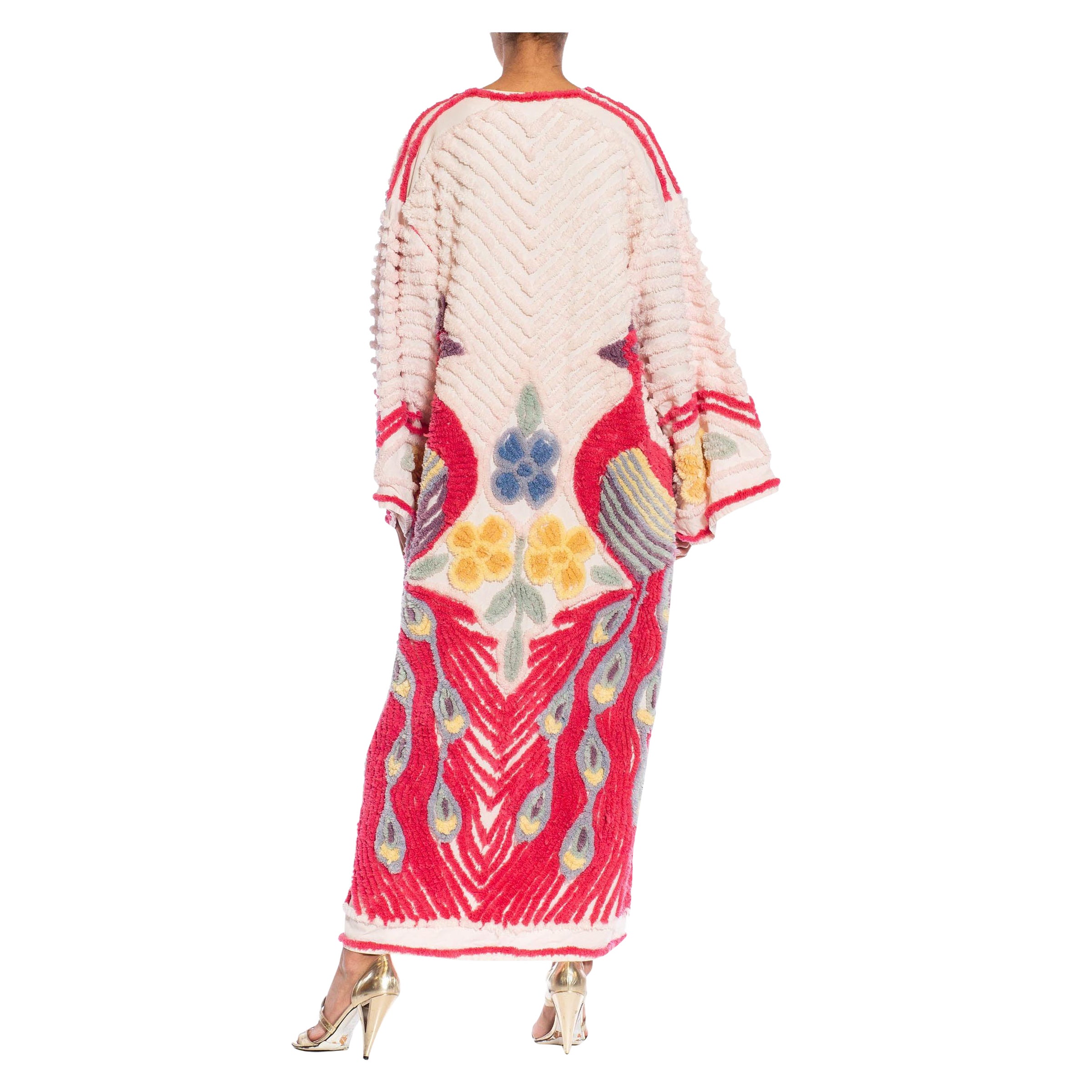 MORPHEW COLLECTION Pink & White Cotton Hand Embroidered Chenille Peacock Beach For Sale