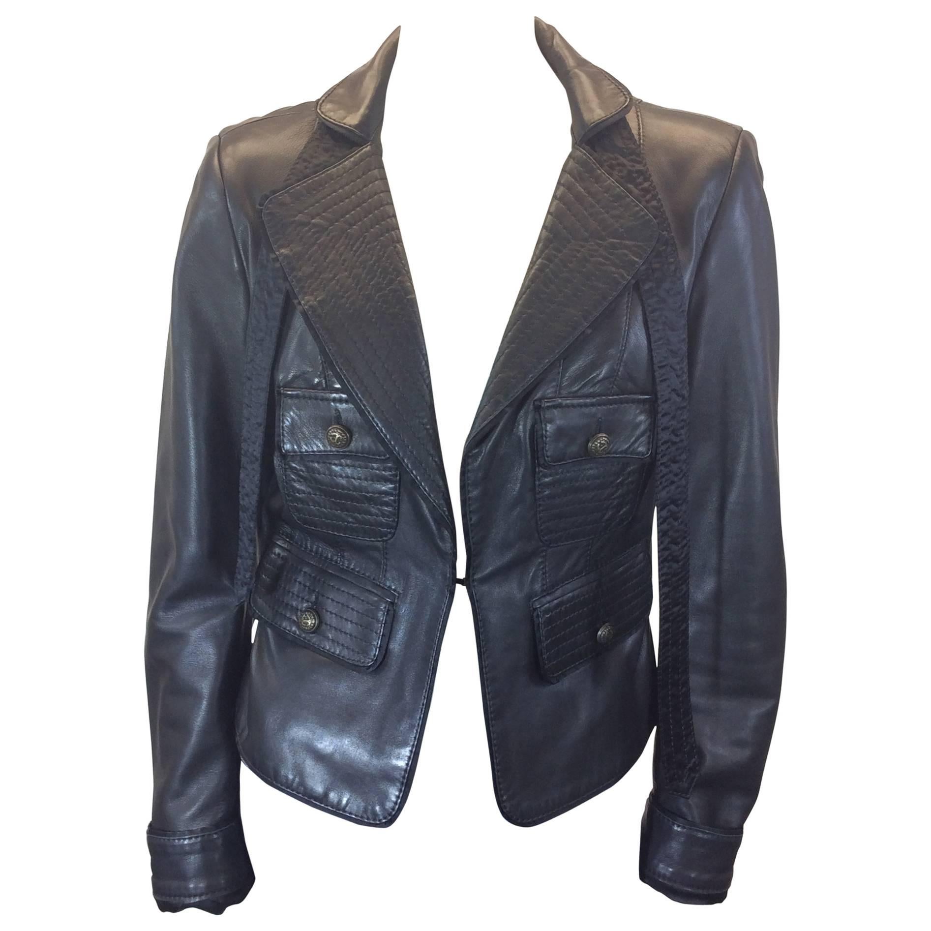 Roberto Cavalli Black Leather Motorcycle Jacket w/ Belt  For Sale