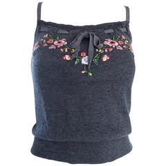 Vintage Oscar de la Renta Grey Cashmere Sleeveless Embroidered Crop Sweater Top 5