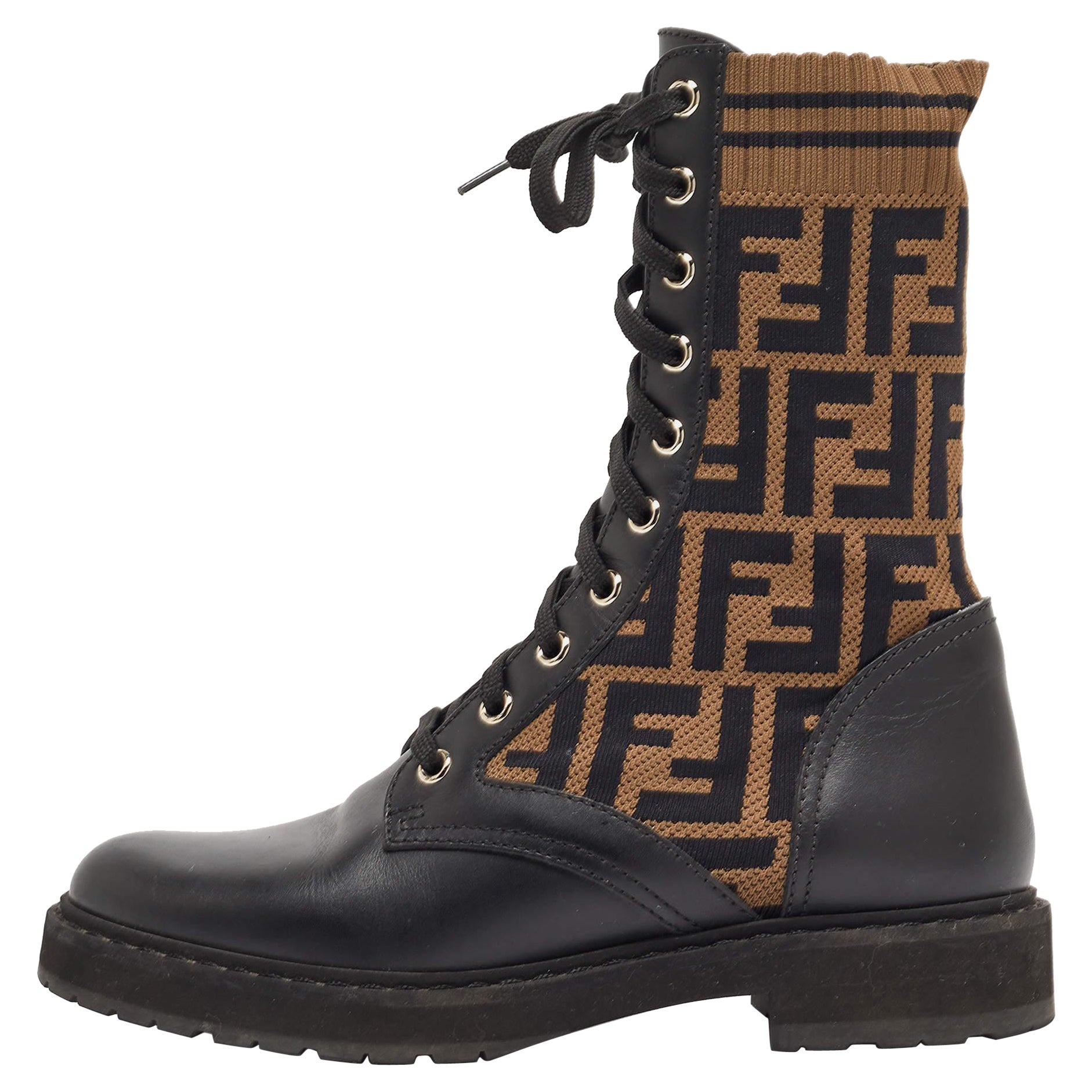Fendi Black Leather and Zucca Stretch Fabric Rockoko Combat Boots Size 36