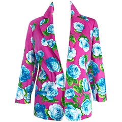 Vintage Gianni Versace 1990s Hot Pink Blue Green 3/4 Sleeves Roses Blazer Jacket