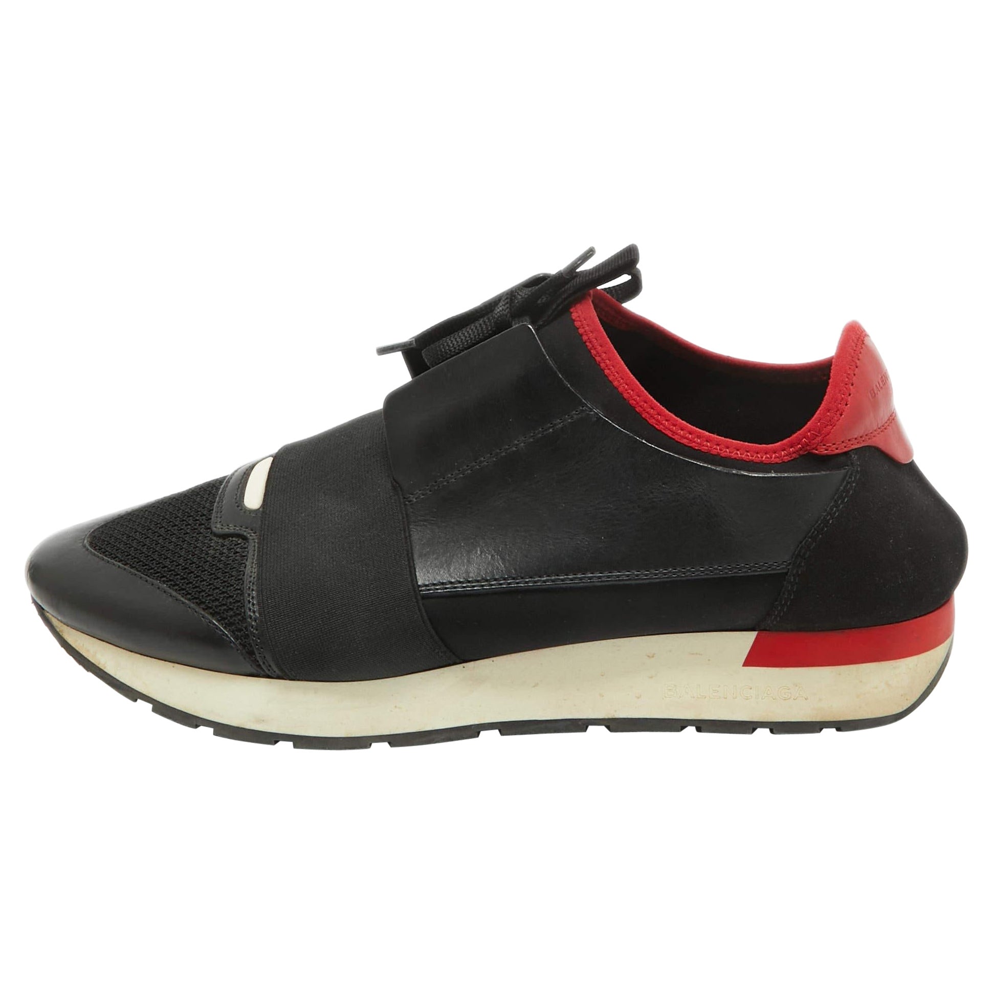 Balenciaga Black/Red Leather and Mesh Race Runner Sneakers Size 42 For Sale