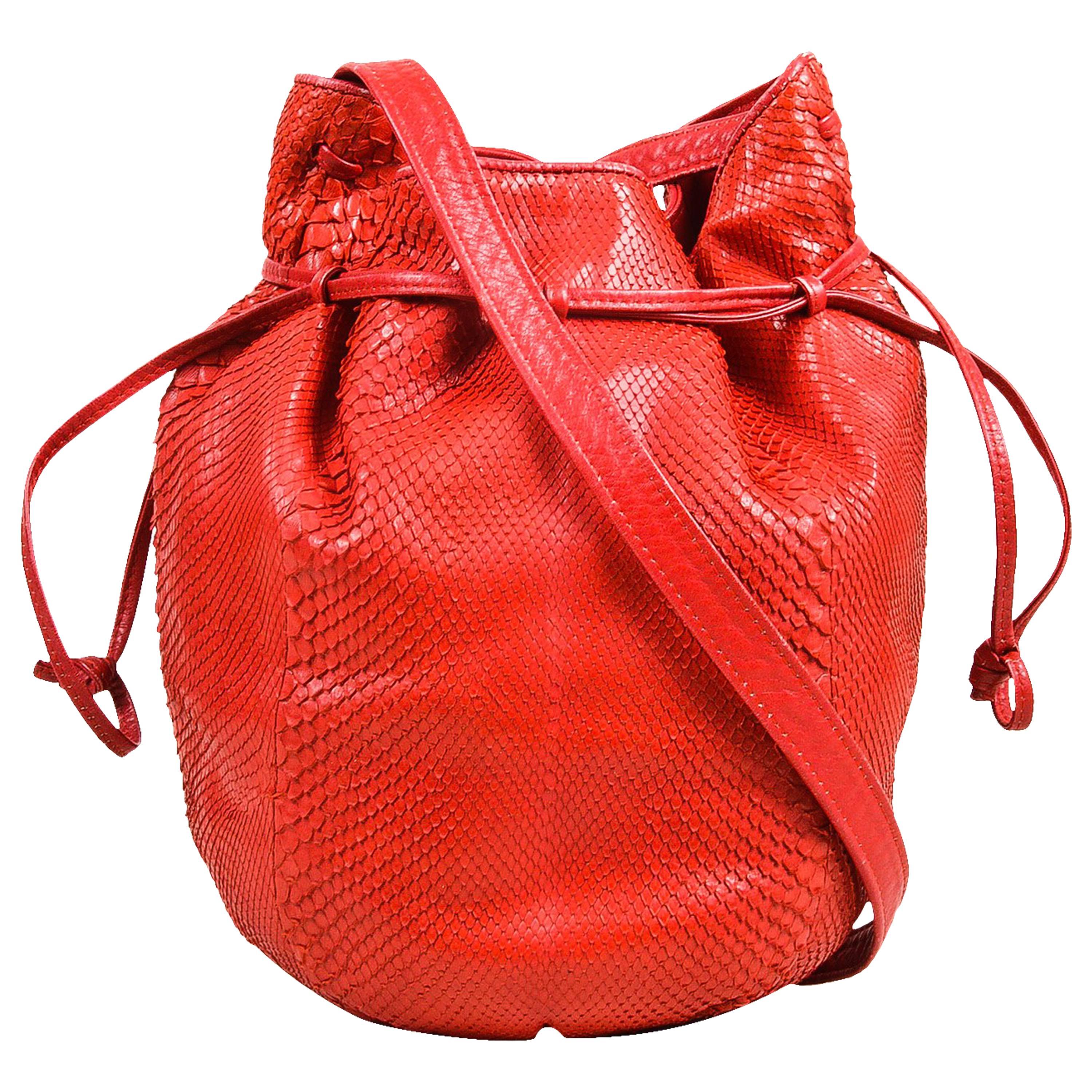 Bottega Veneta Red Snakeskin Leather Drawstring Tie Bucket Bag For Sale