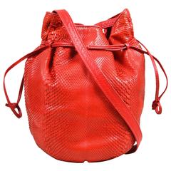 Bottega Veneta Red Snakeskin Leather Drawstring Tie Bucket Bag