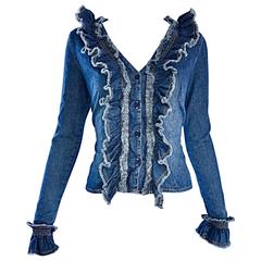 Fabulous 1990s Moschino Vintage Blue Jean Denim 90s Ruffle Shirt Jacket Size 10 5