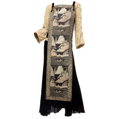 Black Antique Silk Velvet Gown With Edwardian Embroidered Sleeves & 19Th Centur