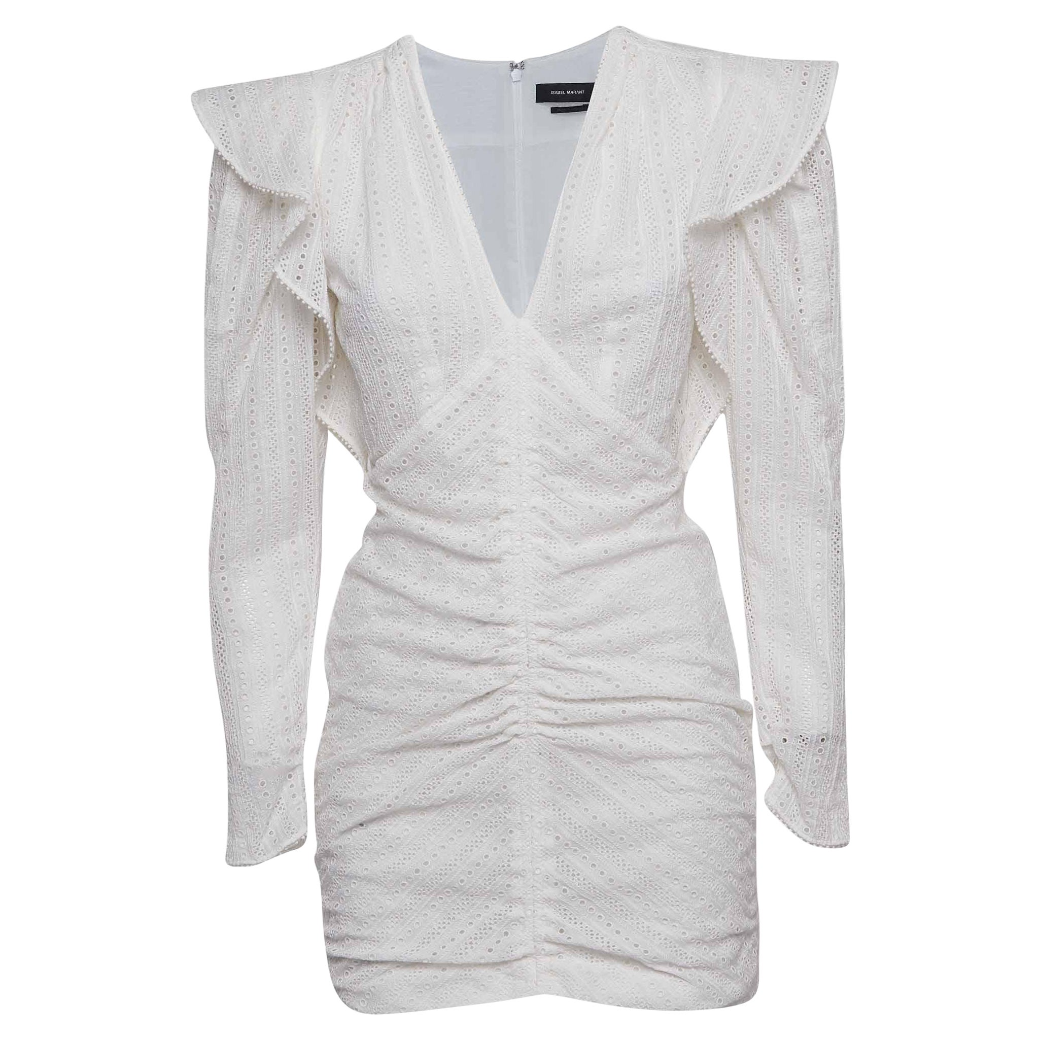 Isabel Marant White Eyelet Cotton Ruched Mini Dress S For Sale