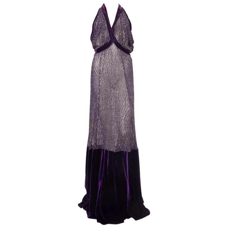 1930s Silk Velvet and Metal Lace Gown at 1stDibs