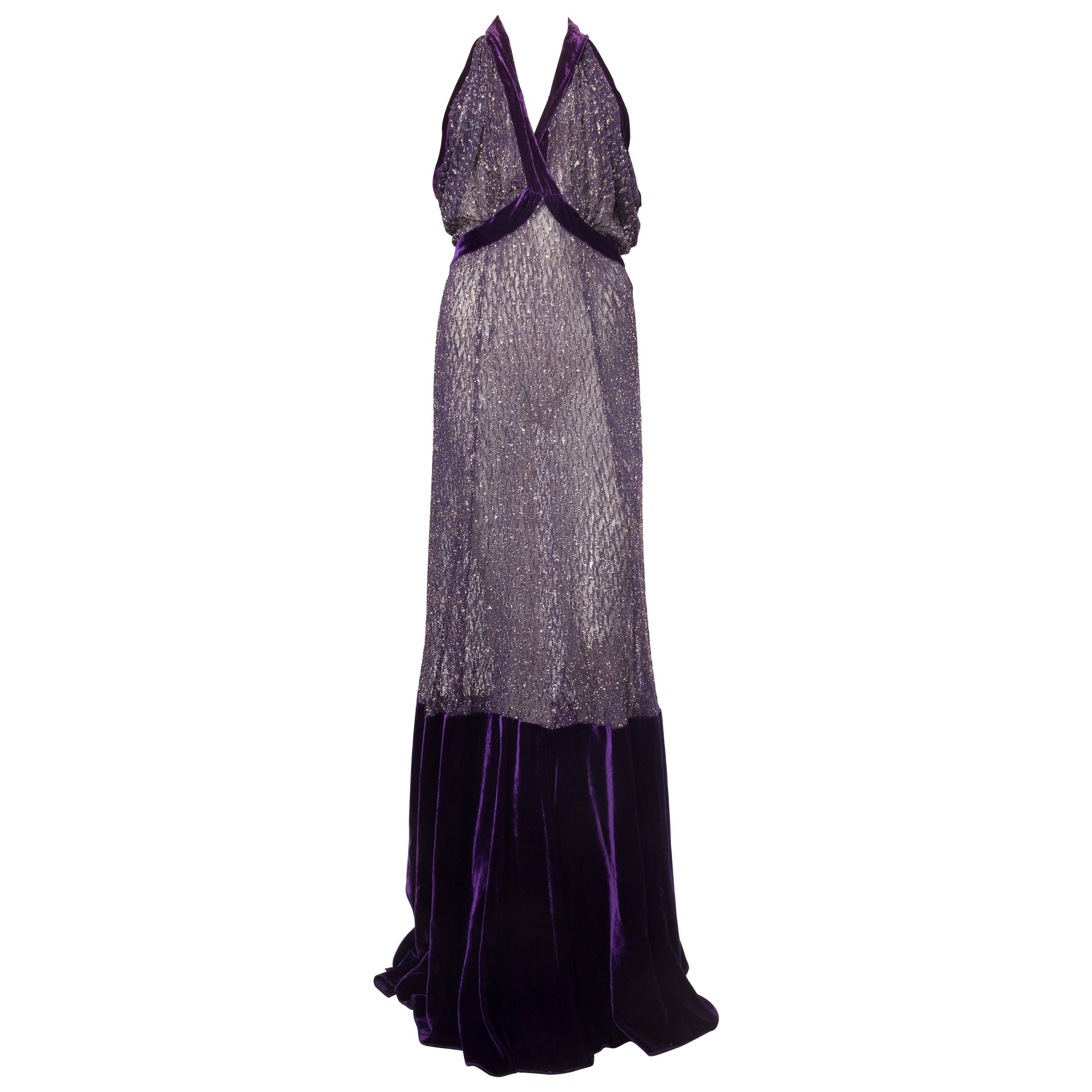 1930s Silk Velvet and Metal Lace Gown