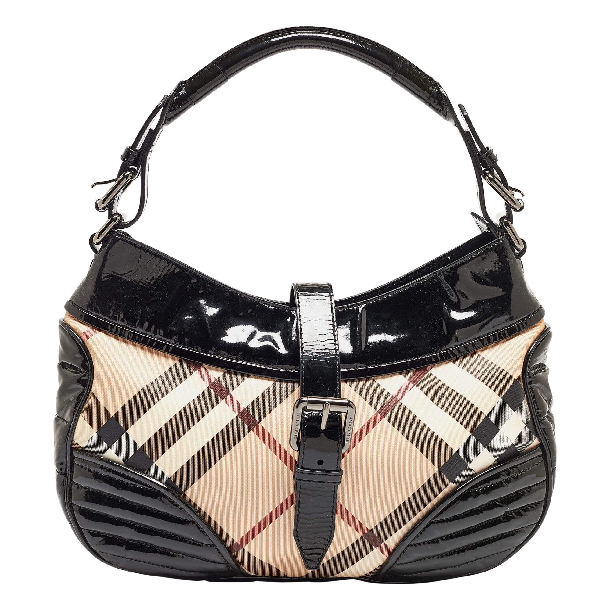 Burberry Black/Beige Nova Check PVC and Patent Leather Hobo For Sale