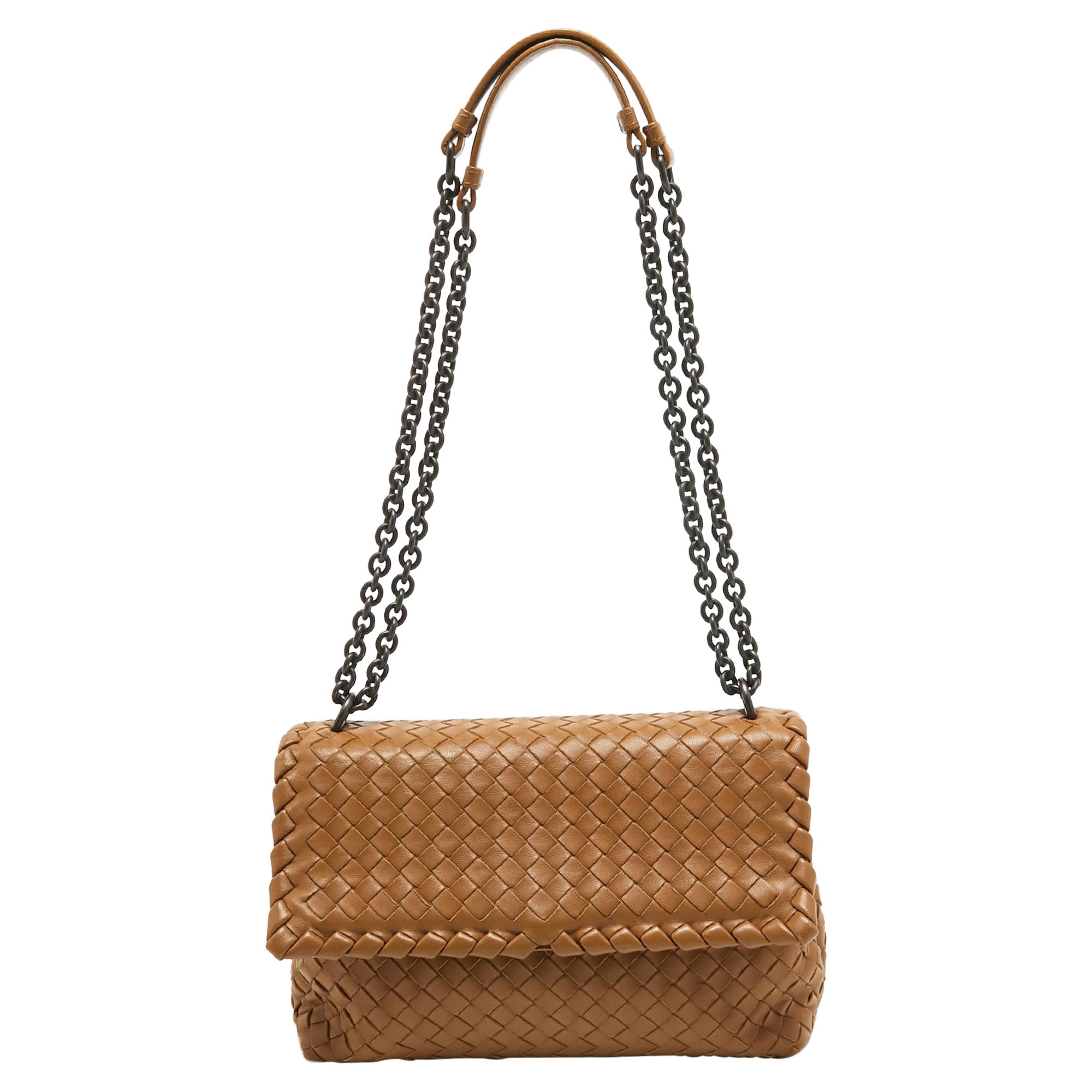 Bottega Veneta Brown Intrecciato Leather Olimpia Flap Shoulder Bag For Sale