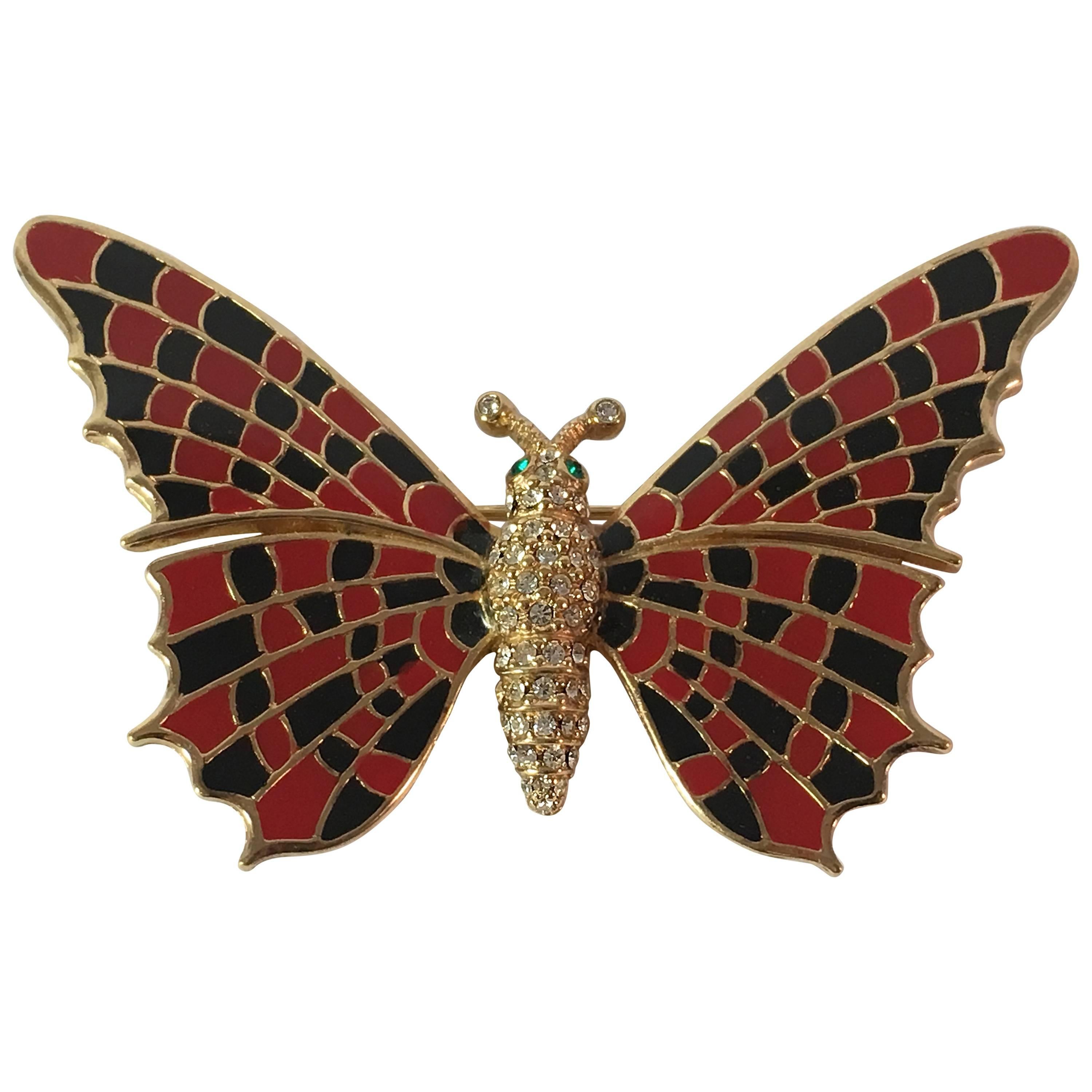 Ciner Red and Black Butterfly Brooch For Sale