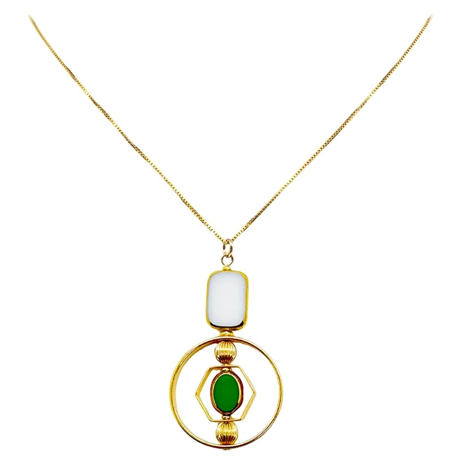 White Tile Shape And Small Green Oval Art Deco 2407N Chain Necklace For Sale