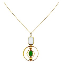 White Tile Shape And Small Green Oval Art Deco 2407N Chain Necklace