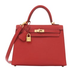 Hermes Kelly 25 Rouge Sac VERMILLON CHÈVRE SELLIER GOLD HARDWARE