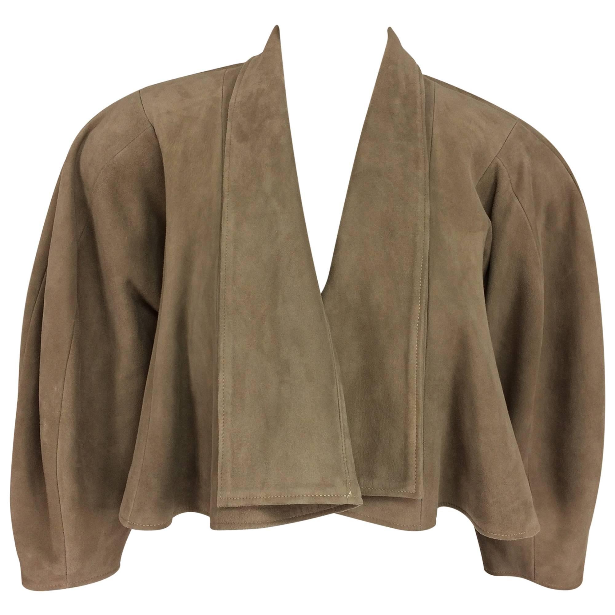Jean-Claude Jitrois taupe suede cropped swing jacket 1980s For Sale