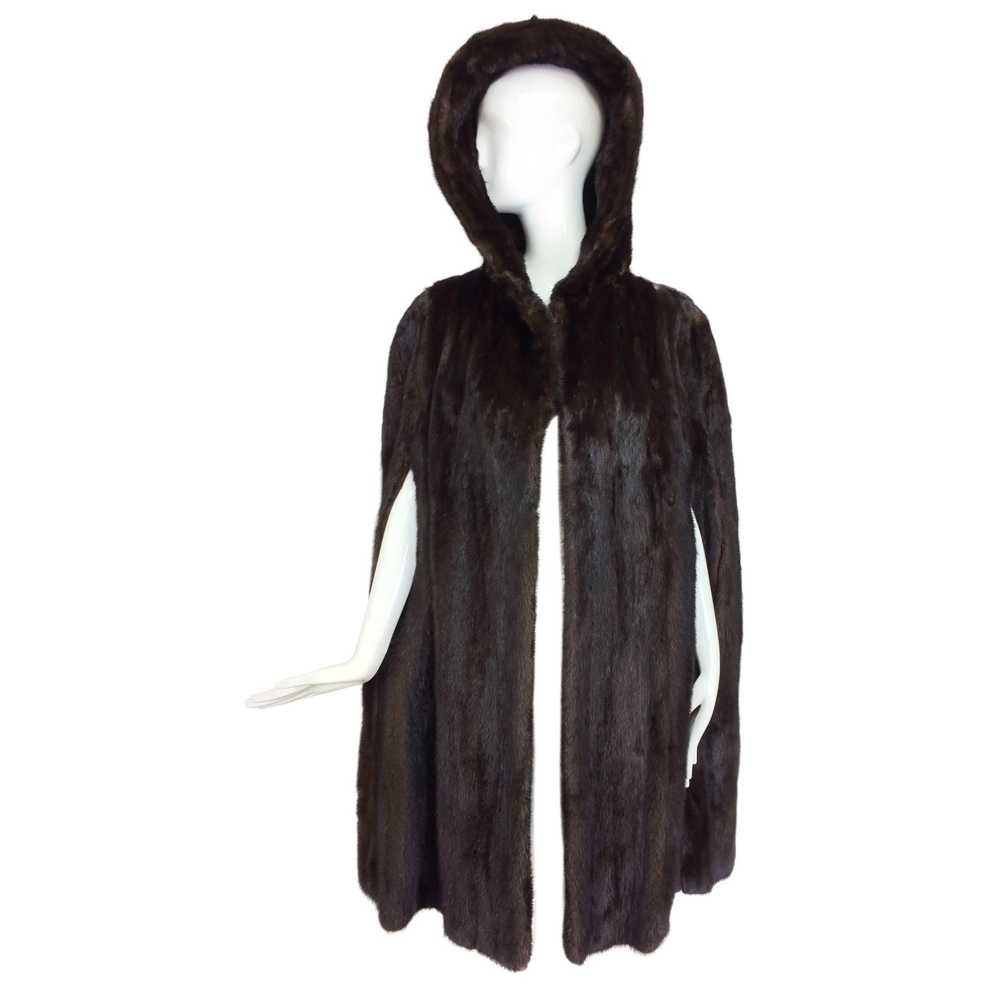 Glossy Dark mink fur hooded cape unique and rare 1960s 
