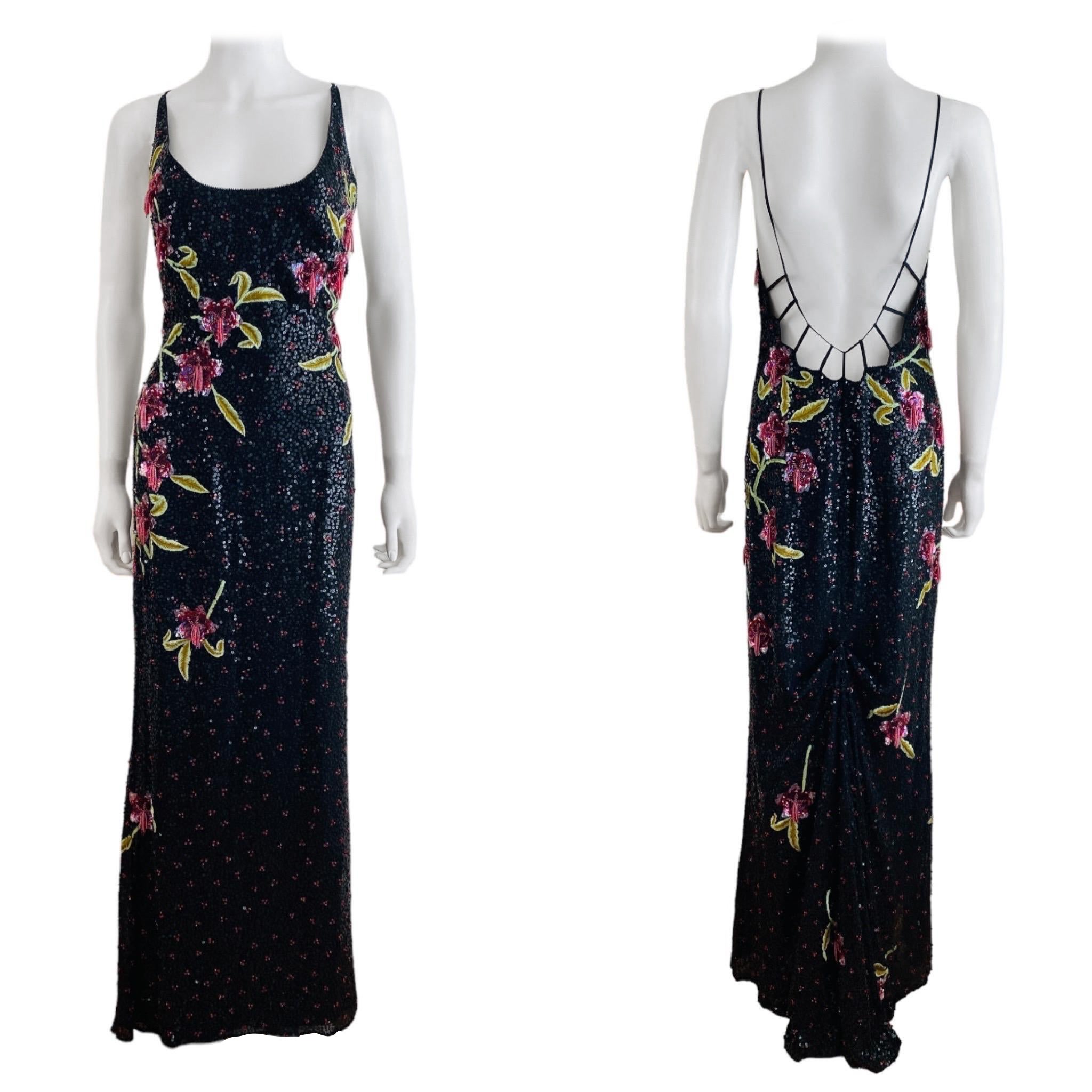 Vintage 2002 Escada Hand Beaded Sequin Floral Maxi Dress Gown Black Pink Flowers