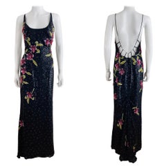 Vintage 2002 Escada Hand Beaded Sequin Floral Maxi Dress Gown Black Pink Flowers