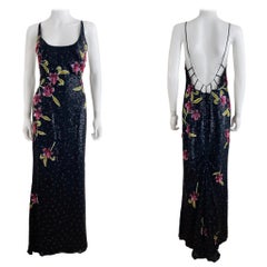 Vintage 2002 Escada Hand Beaded Sequin Floral Maxi Dress Gown Black Pink Flowers