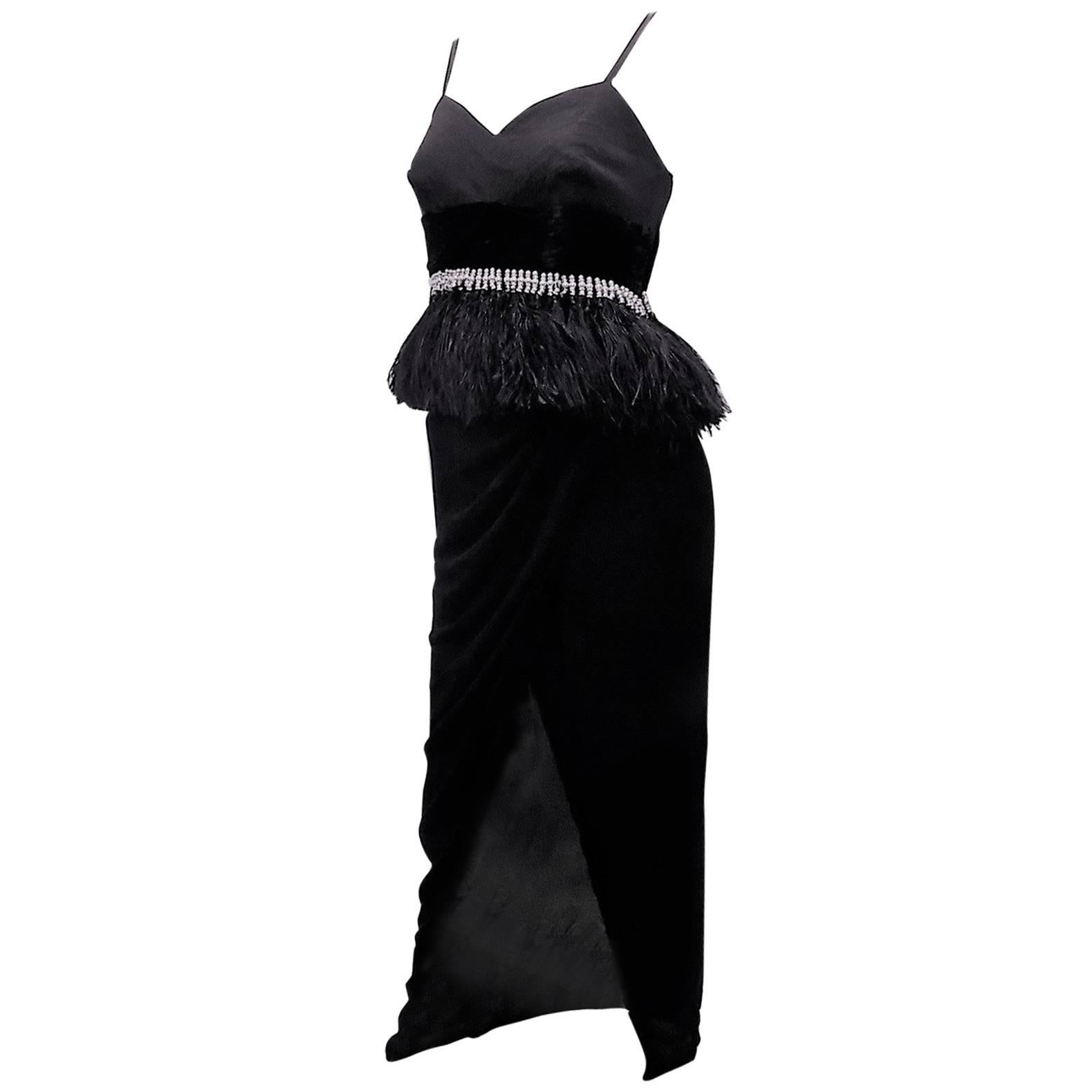 One of a kind and in pristine condition. Black mini dress with silk chiffon tulip skirt over. Micro stitched corset top featuring velvet sash adorned with crystals and Perls ending with ostrich  fringe. Size 4 With Bust 34"
Pristine condition