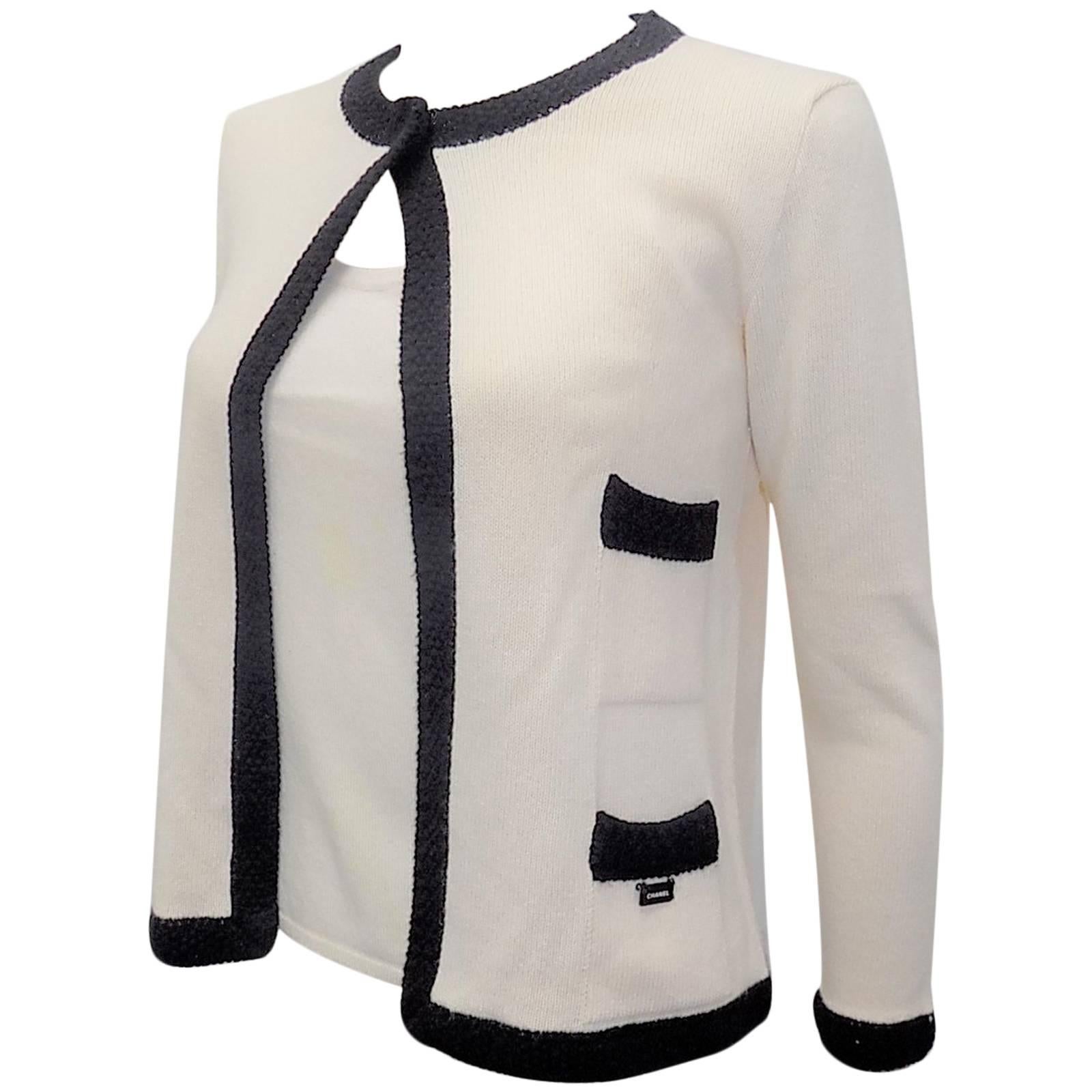 Chanel  Cashmere Ivory - black sweater set cardigan and top 