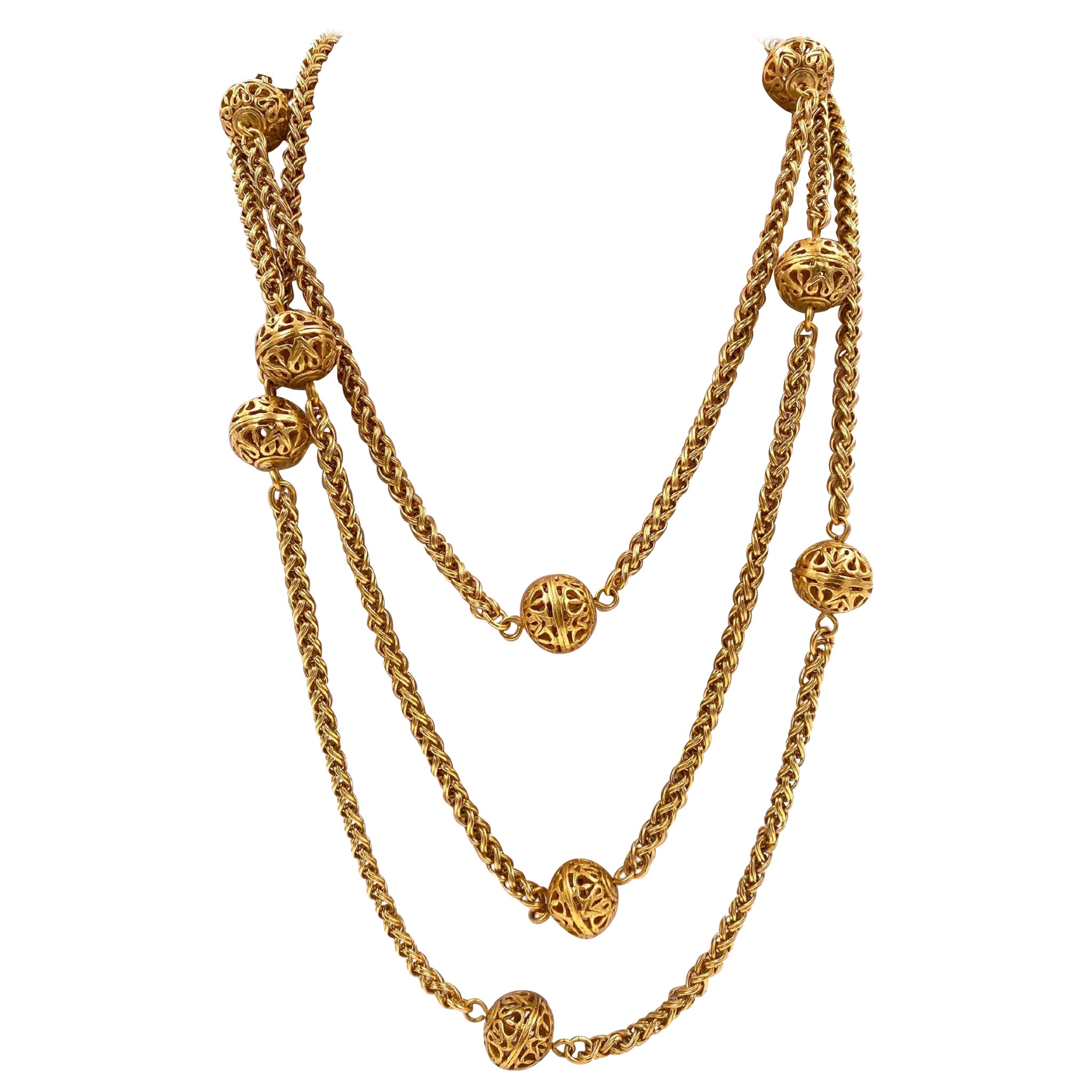 Chanel 1995 Gold Long Chain with Filigree Balls For Sale