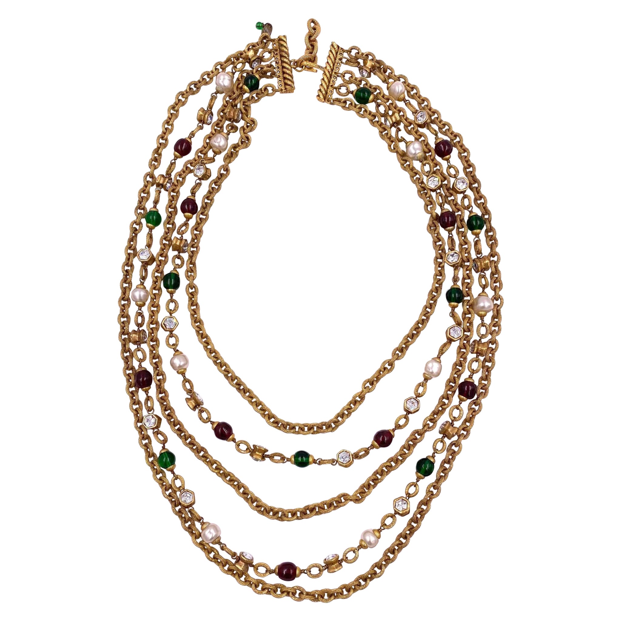 Chanel 1984 Multi Chain with Gripoix Purple/Green Stones Necklace For Sale