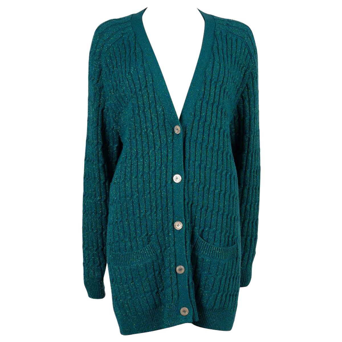 GUCCI petrol blue wool LUREX CABLE KNIT OVERSIZED Cardigan Sweater S For Sale