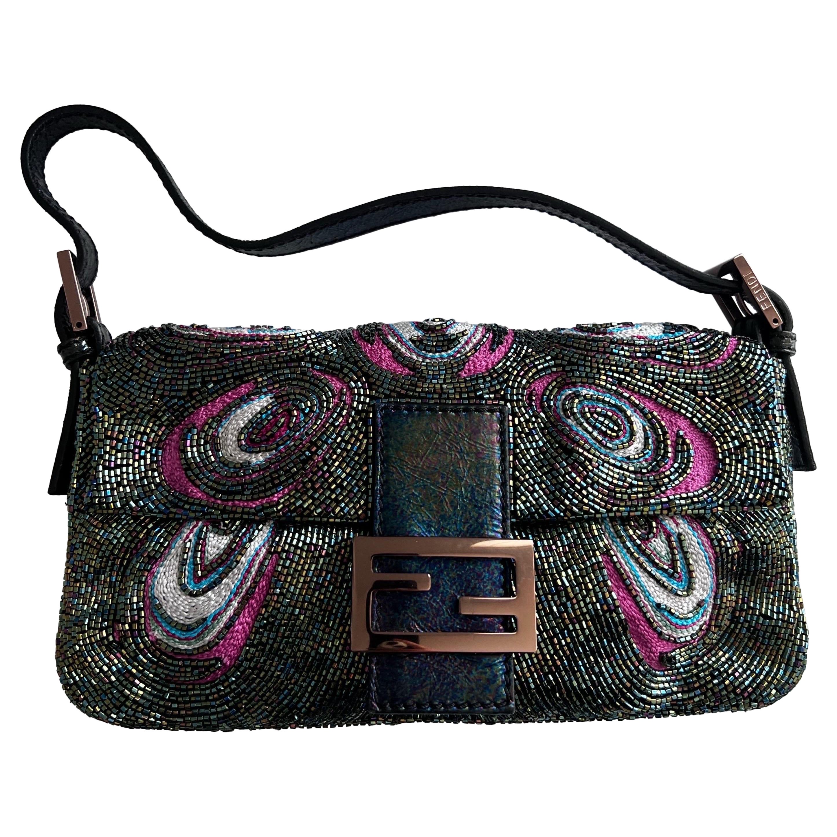 FENDI Peacock Leather Pattern Beaded Baguette For Sale