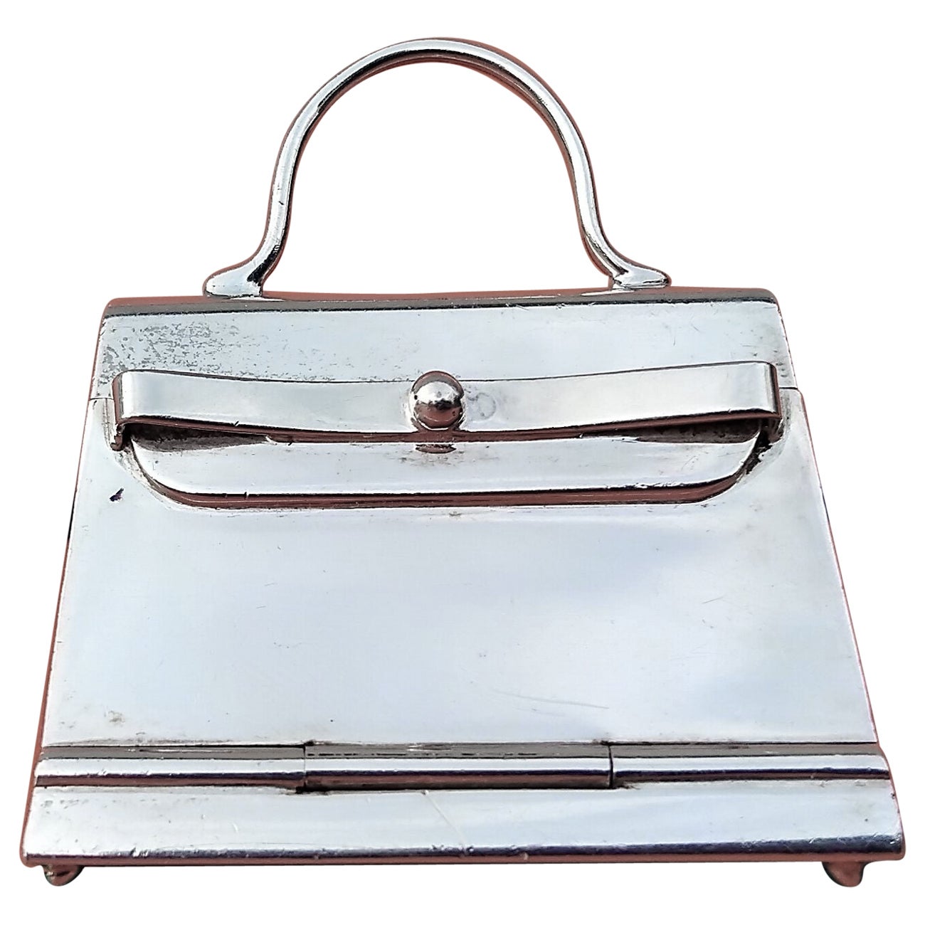 Hermès Tiny Mini Kelly Bag Pillendose in Silber mit Spiegel im Angebot