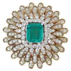 Vintage Jomaz Rhinestone and Emerald Brooch