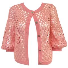 2008 Chanel Pink Lattice Woven Cashmere Cardigan With Sequins Allover 5